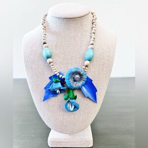 Blue Periwinkle Rose Calla Lily Daisy Wood Paper Mache Necklace Made Philippines